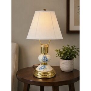 PORCELAIN TIERED 12 INCH TABLE LAMP BLUE FLORAL PATTERN BRASS Beautiful VINTAGE